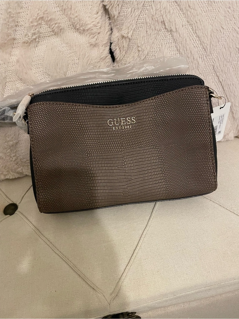 GUESS Brown Textured Messenger Bag with Black Trim